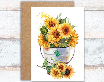 Sunflowers in a Metal Canister Greeting Card, Farmhouse Sunflowers in Pot Writing Cards, Yellow Sunflowers Stationery, Lover of Sunflowers