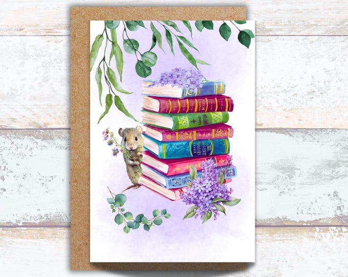 Floral Books Greeting Card, Watercolor Vintage Books Stationery, Cute Mouse and Books Note Cards, Antique Books Writing Cards, Purple Flower