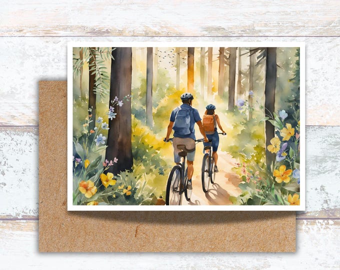 Bicycling on a Forest Path During Sunset Watercolor Greeting Card, Couple Biking in Woods Writing Cards, Bicycling on a Wooded Nature Path