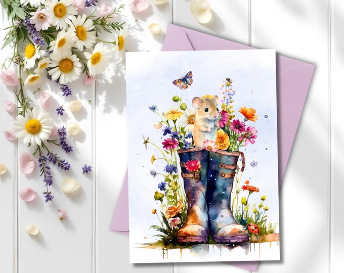 Rain Boot with Spring Flowers Greeting Card, Cute Mouse in Spring Rain Boot Writing Card, Watercolor Rainy Day Note Cards, Rain Lover Cards