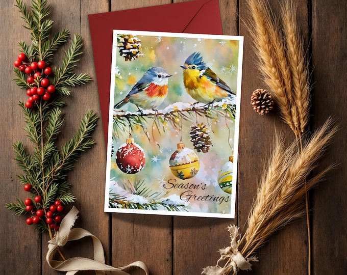 Season’s Greetings Christmas Birds Card and Matching Gift Tag Set, Watercolor Winter Pine Branch, Snow Covered Tree Branch with Winter Birds