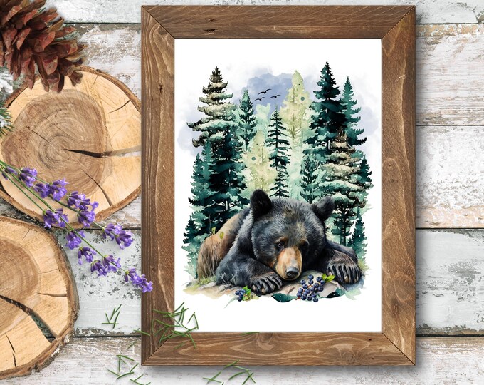 Black Bear Art Print, Black Bear Wall Print, Watercolor Bear Decor, Bear in the Woods Art, Bear in Nature Artwork, Watercolor Black Bear Art