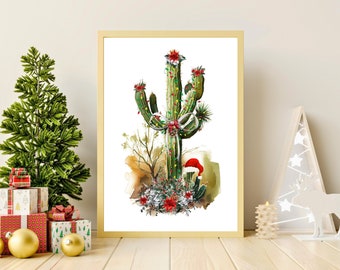 Arizona Cactus Christmas Art, Arizona Saguaro Christmas Wall Decor, Cactus Holiday Wall Print, Cactus Christmas Printable Art, Saguaro Print