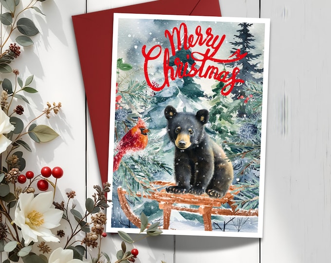 Watercolor Black Bear Christmas Card: Woodland Cardinal Holiday Greeting