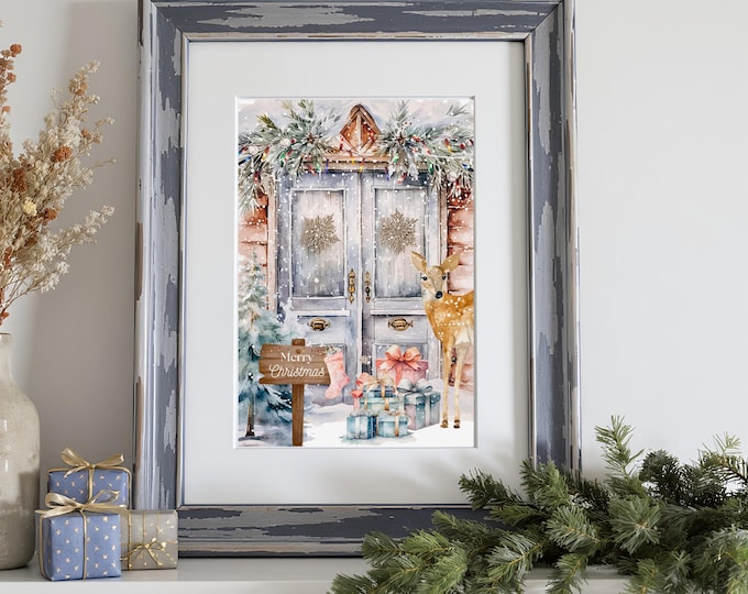 Christmas Cottage Print: Festive Deer, Snowy Doorway - Farmhouse Decor
