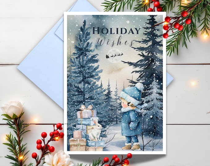 Holiday Wishes Woodland Christmas Card: Winter Forest Child & Rabbit Design