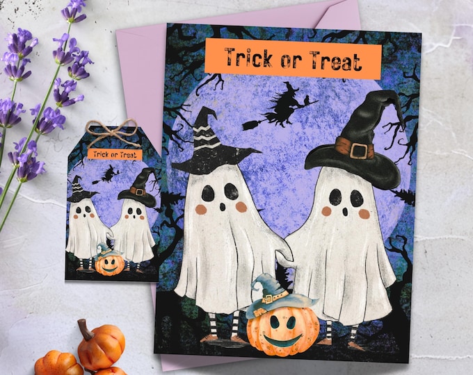 Halloween Ghost Card with Purple Moon, Trick or Treat Witch Hats & Pumpkin – Optional Gift Tag, Spooky Cute Greeting for Fall Gifting