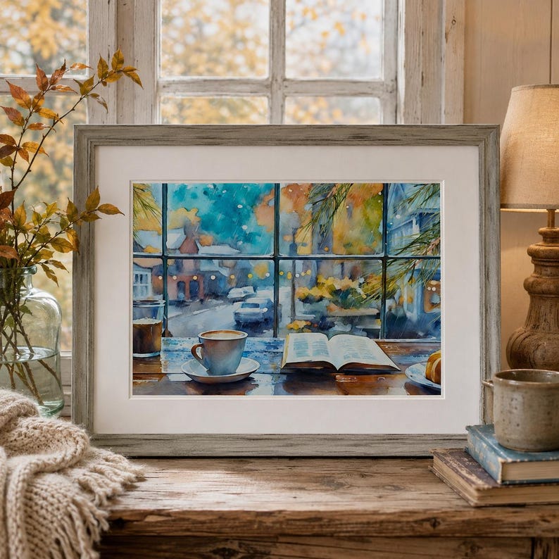 Cozy Coffee Shop Art Print: Autumn Window Watercolor Wall Art image 3