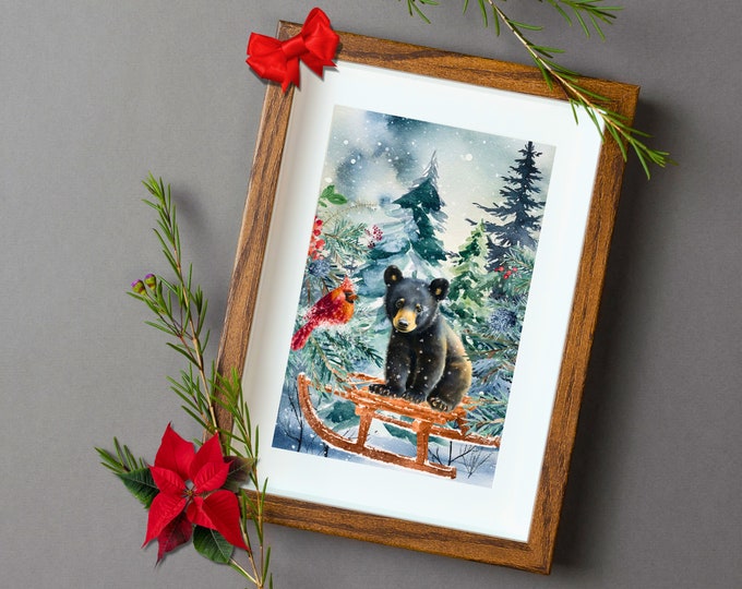 Baby Black Bear on Christmas Sled Art Print, Bear and Cardinal Holiday Wall Decor, Bear in Snowy Forest Christmas Wall Art, Cute Baby Bear