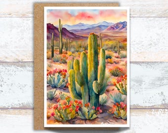 Arizona Saguaro Desert Aesthetic Watercolor Greeting Card, Cactus Lover Watercolor Writing Cards, Desert Southwest Cactus Greeting Card