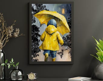 Child in Yellow Raincoat Running in the Rain Wall Print, Watercolor Rainy Day Wall Decor, Whimsical Child Playing in the Rain, Rain Puddles