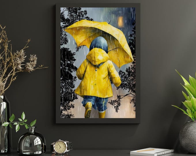 Child in Yellow Raincoat Running in the Rain Wall Print, Watercolor Rainy Day Wall Decor, Whimsical Child Playing in the Rain, Rain Puddles