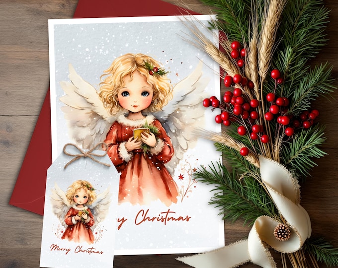 Christmas Angel Watercolor Card: Watercolor Holiday Greeting with Optional Gift Tag