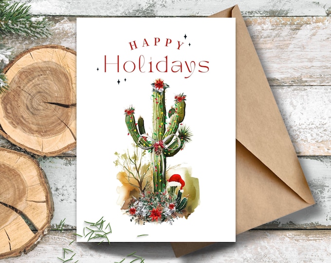 Happy Holiday Cactus Card, Watercolor Cactus Christmas, Saguaro Christmas Greeting, Cactus Holiday Card, Watercolor Christmas Cactus,Arizona