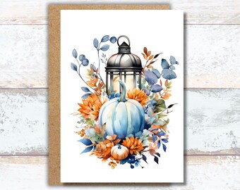 Blue Floral Fall Pumpkin Greeting Card, Watercolor Blue Pumpkin Writing Cards, Blue Harvest Stationery, Pretty Autumn Pumpkin Note Cards