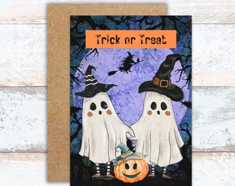Halloween Ghosts Trick or Treat Watercolor Greeting Card, Cute Ghosts Holding Hands, Watercolor Halloween Stationery, Halloween Card for Kid