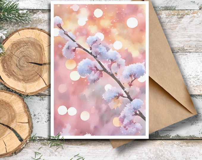 Snow Covered Berry Branch Customizable Greeting Card, Winter Foliage Watercolor Thank You Card, Soft Pink Winter Aesthetic Editable Cards