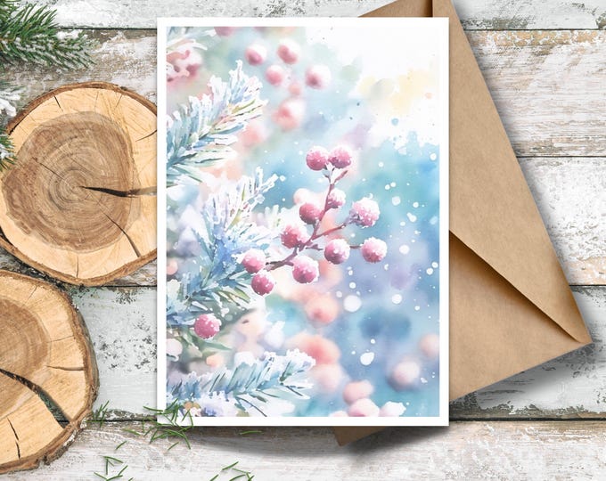Snow Covered Pine Berries Watercolor Holiday Card, Pine Trees and Red Berries Personalized Greeting Card, Soft Blue & Pink Berry Branch Card