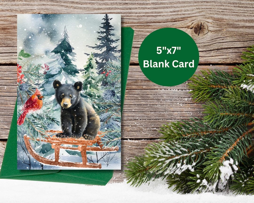 Black Bear Christmas Card, Christmas Bear Greeting, Baby Bear Christmas