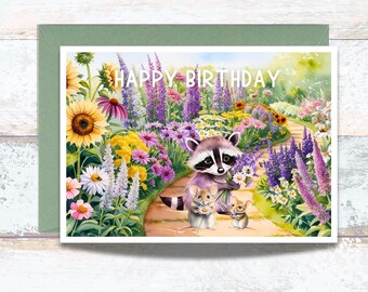 Whimsical Garden Watercolor Birthday Card with a Raccoon and Mice Holding Flowers, Cute Woodland Animals in a Lush Floral Garden Birthday