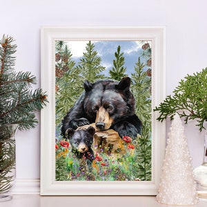 Baby Black Bear Art Print, Watercolor Black Bear and Cub, Baby Black Bear Wall Decor, Bears in Nature Wall Art, Black Bear Cabin Decor, Cub