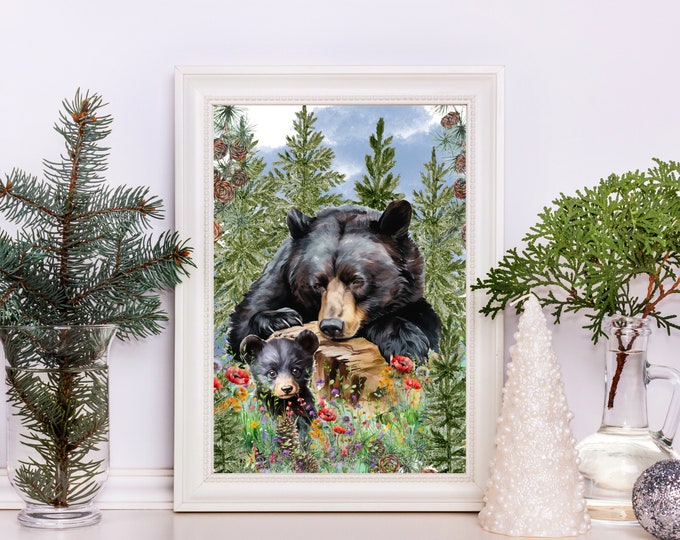 Baby Black Bear Art Print, Watercolor Black Bear and Cub, Baby Black Bear Wall Decor, Bears in Nature Wall Art, Black Bear Cabin Decor, Cub
