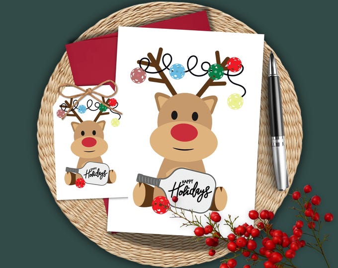 Pickleball Christmas Card: Rudolph Reindeer Watercolor Design