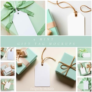 Pacote de mockups de etiquetas de presente Mint, mockups de caixa verde pastel com cetim e barbante, mockups de etiquetas planas para Canva, Etsy e vendedores de papelaria