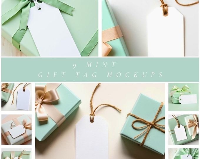 Mint Gift Tag Mockup Bundle, Pastel Green Box Mockups with Satin and Twine, Flat Lay Tag Mockups for Canva, Etsy, and Stationery Sellers