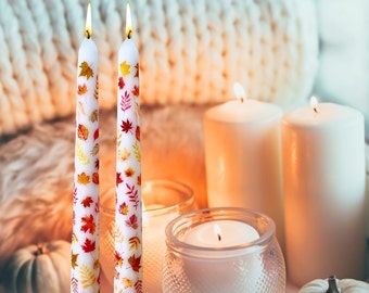 Fall Leaves Taper Candle, Harvest Decor Candlesticks, Cozy Autumn Leaves Candle, Housewarming Gift for Thanksgiving, Lover of Fall Candle