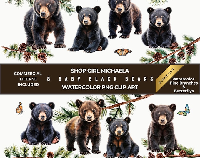 Baby Black Bear Watercolor Clip Art, Cute Baby Bear in Nature Commerical License, Black Bears for Scrapbooking, Bear Junk Journal & Crafts