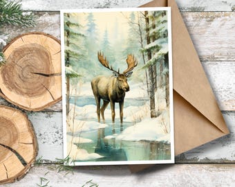 Winter Moose Greeting Card, Watercolor Moose Holiday Card, Vintage Winter Scene, Christmas Moose Stationery, Moose in the Snow Writing Cards