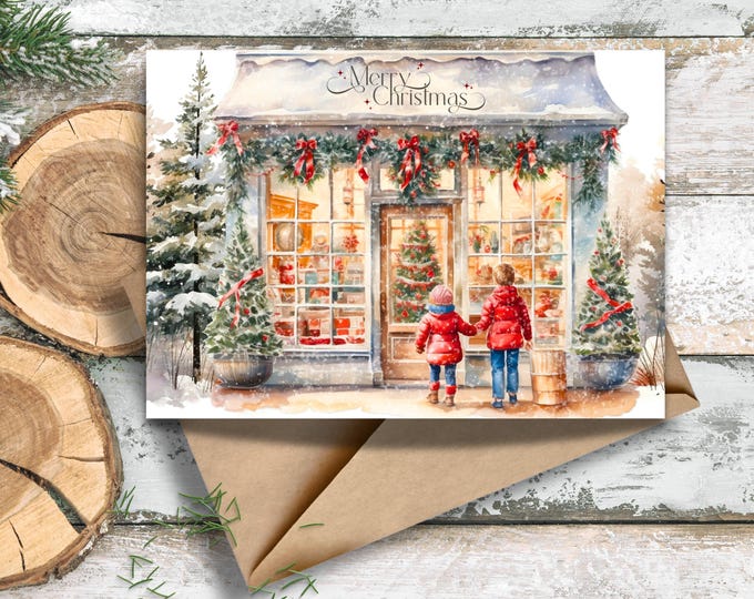 Christmas Storefront Greeting Card, Holiday Window Shopping Merry Christmas Card, Nostalgic Festive Storefont Card with Kids at Window Card