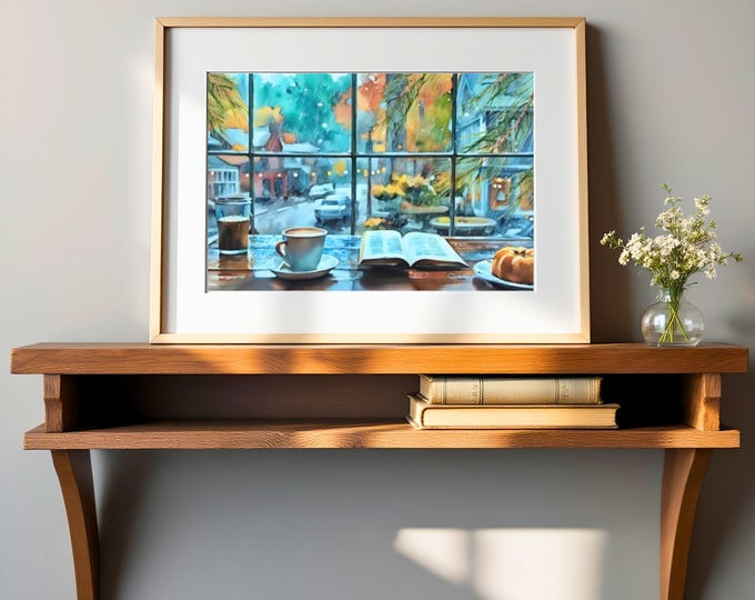 Rainy Day Coffee Shop Watercolor Art Print: Cozy Window View