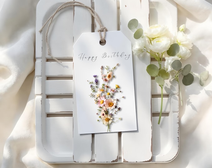 Pressed-Inspired Wildflower Gift Tags Set of 9, Happy Birthday Printable Tags, Digital Floral Tags for Gifting, Nature-Inspired Tag Download
