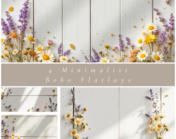 4 Minimalist Boho Flatlay Mockups with Daisies & Lavender, White Wood Backgrounds + Bonus 5 Second Animated Video with Natural Movement
