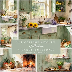 Cottage Kitchen Card Set of 5: Rustic Farmhouse Window and Garden Stationery Collection