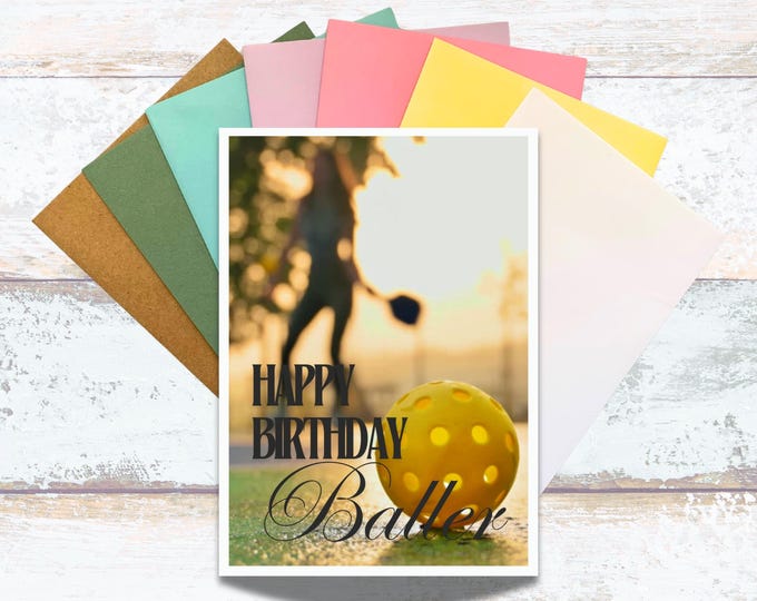 Happy Birthday Baller Pickleball Greeting Card, Woman Playing Pickleball Birthday Greeting, Sunset on the Pickleball Court Birthday Greeting
