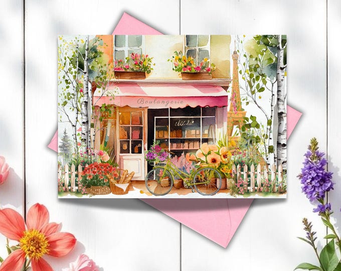 Paris Bakery Greeting Card, French Boulangerie with Eiffel Tower, Floral Bicycle Watercolor Card, Travel-Inspired French Stationery for Her