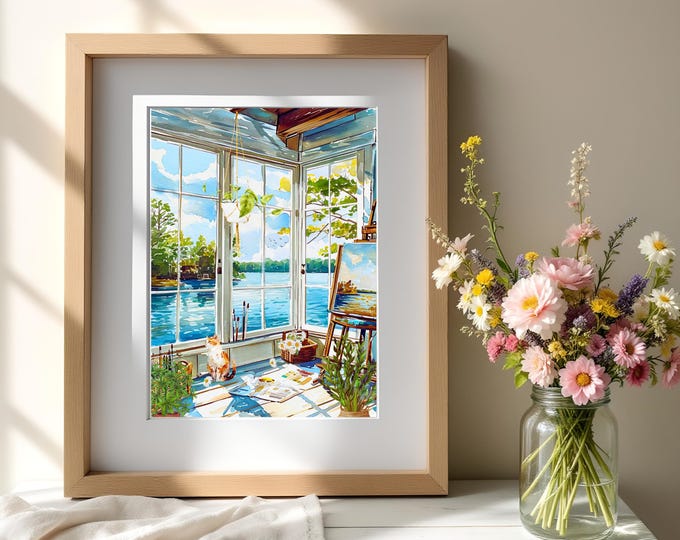 Sunlit Artist Studio Art Print: Cottagecore Cat & Lake View