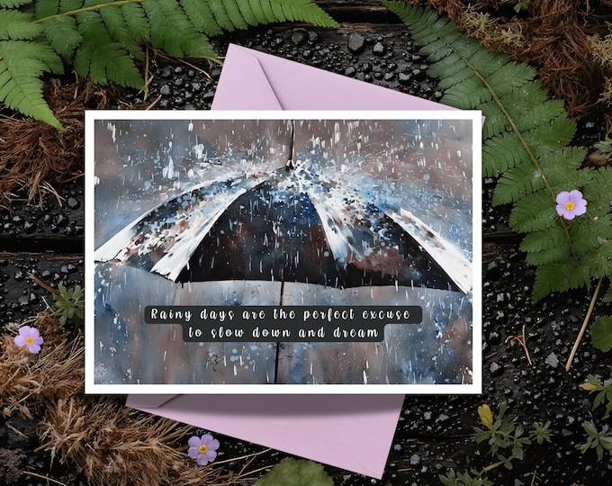Rainy Day Watercolor Greeting Card: Umbrella Scene, Encouragement Card