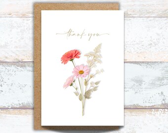 Pressed Flower Thank You Card, Botanical Wildflower Greeting with Sage Envelope, Blush Floral Note Card for Weddings, Gifts & Stationery Set
