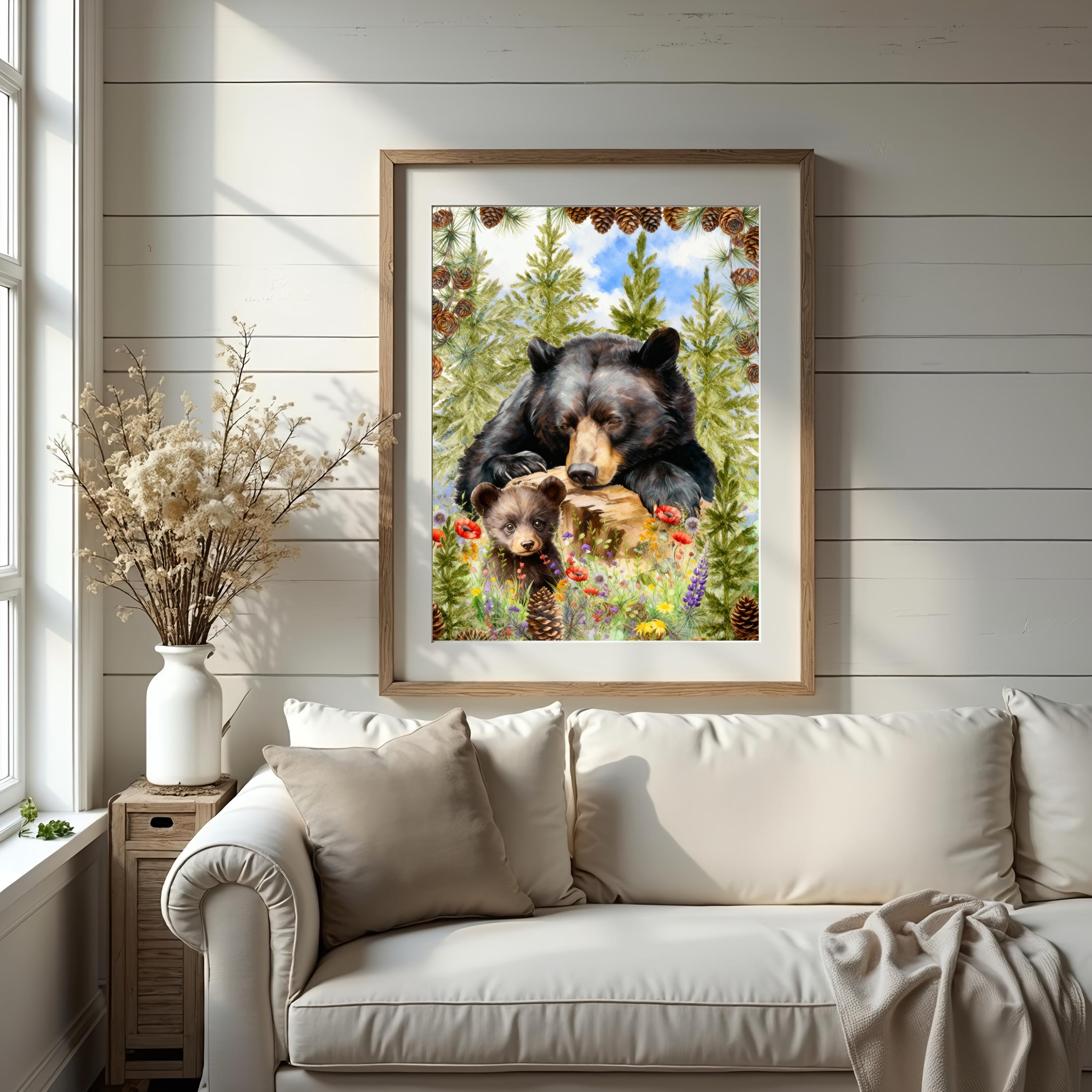 Bear and Cub in Forest Art Print – Rustic Woodland Wall Décor - Etsy