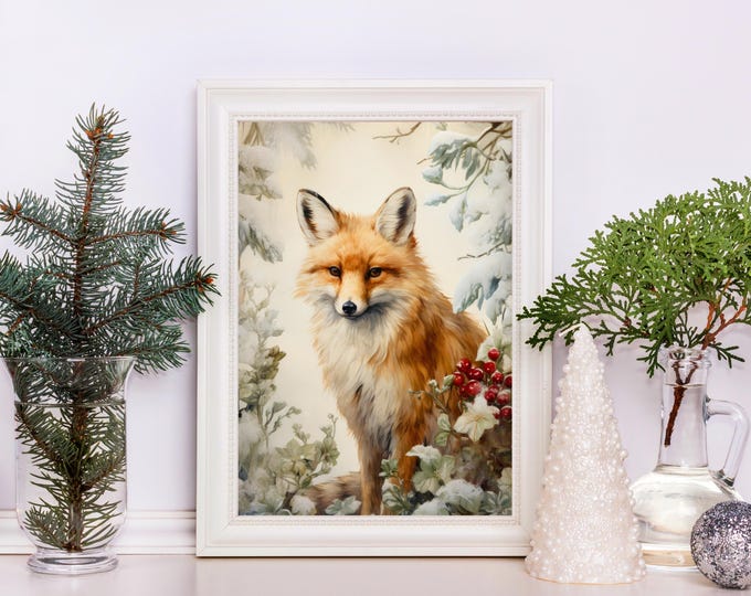 Vintage Fox Winter Wall Art Print, Christmas Watercolor Fox Wall Decor, Fox in Snow Covered Woods Holiday Print, Rustic Fox in Snowy Forest