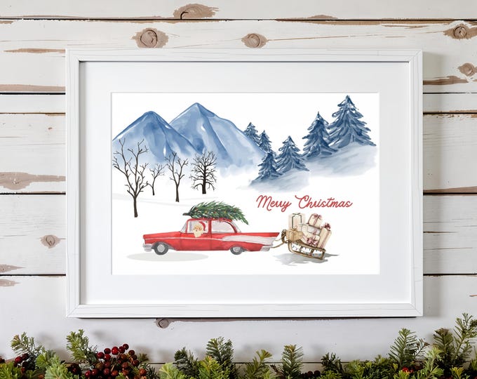 Vintage Red Car Christmas Art Print: Rustic Farmhouse Holiday Decor