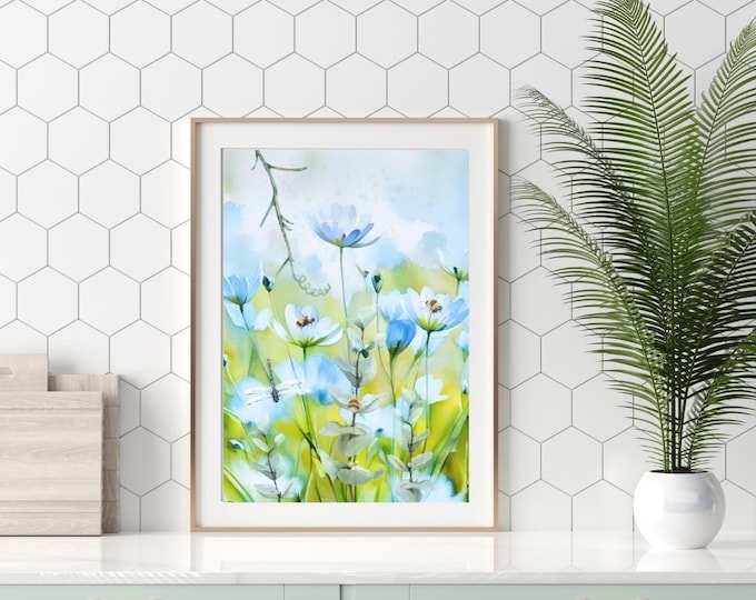 Blue Flowers and Bees Watercolor Art Print, Soft Blue Cottagecore Floral Wall Art, Lover of Bees and Flowers Wall Decor, Whimsical Bee Art