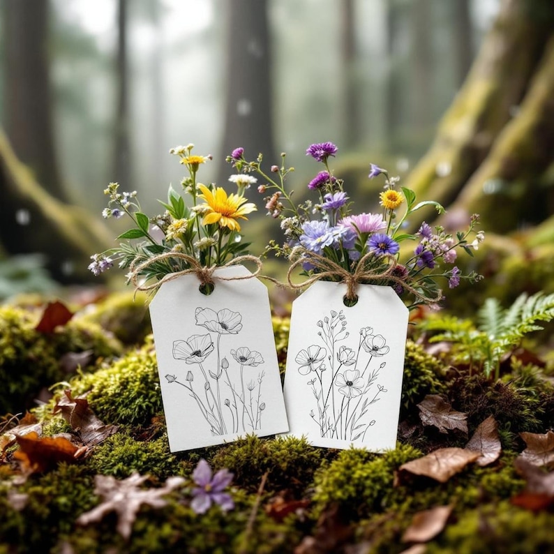 Botanical Gift Tags: Wildflower Line Art, Rustic Kraft String (Set of 8) bild 6