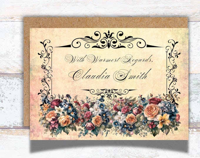 Victorian Floral Greeting Card, Elegant Victorian Watercolor Stationery, Vintage Inspired Botanical Cards, Custom Printed Cottagecore Cards