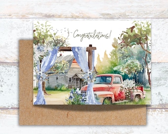 Wedding Congratulations Rustic Farmhouse Greeting Card, Watercolor Vintage Red Truck and Farmhouse Wedding Card, Country Western Wedding