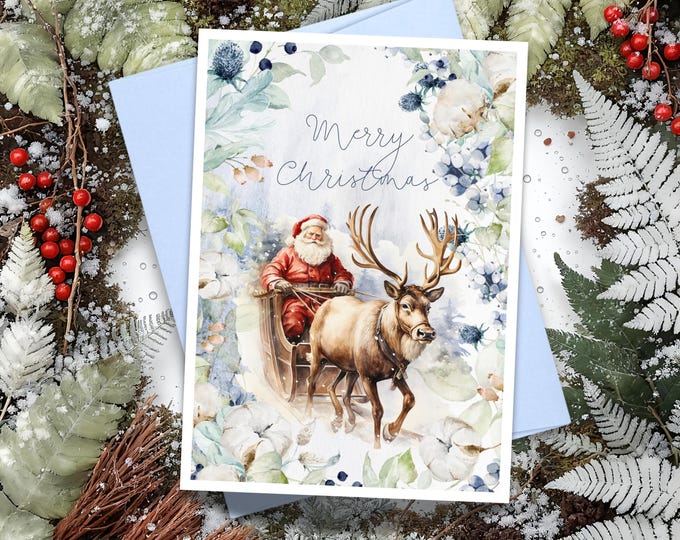 Watercolor Santa Sleigh Christmas Card: Holiday Greeting with Optional Tag